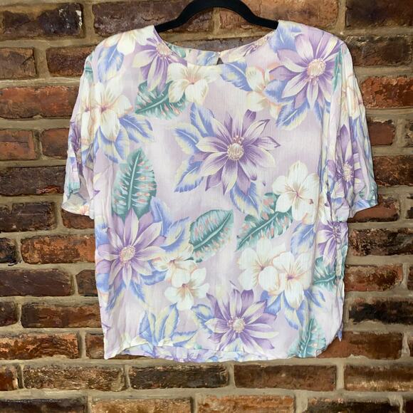 Jaclyn Smith Vintage Purple Floral Short Sleeve Blouse Shoulder Pads Size Medium - Picture 1 of 5